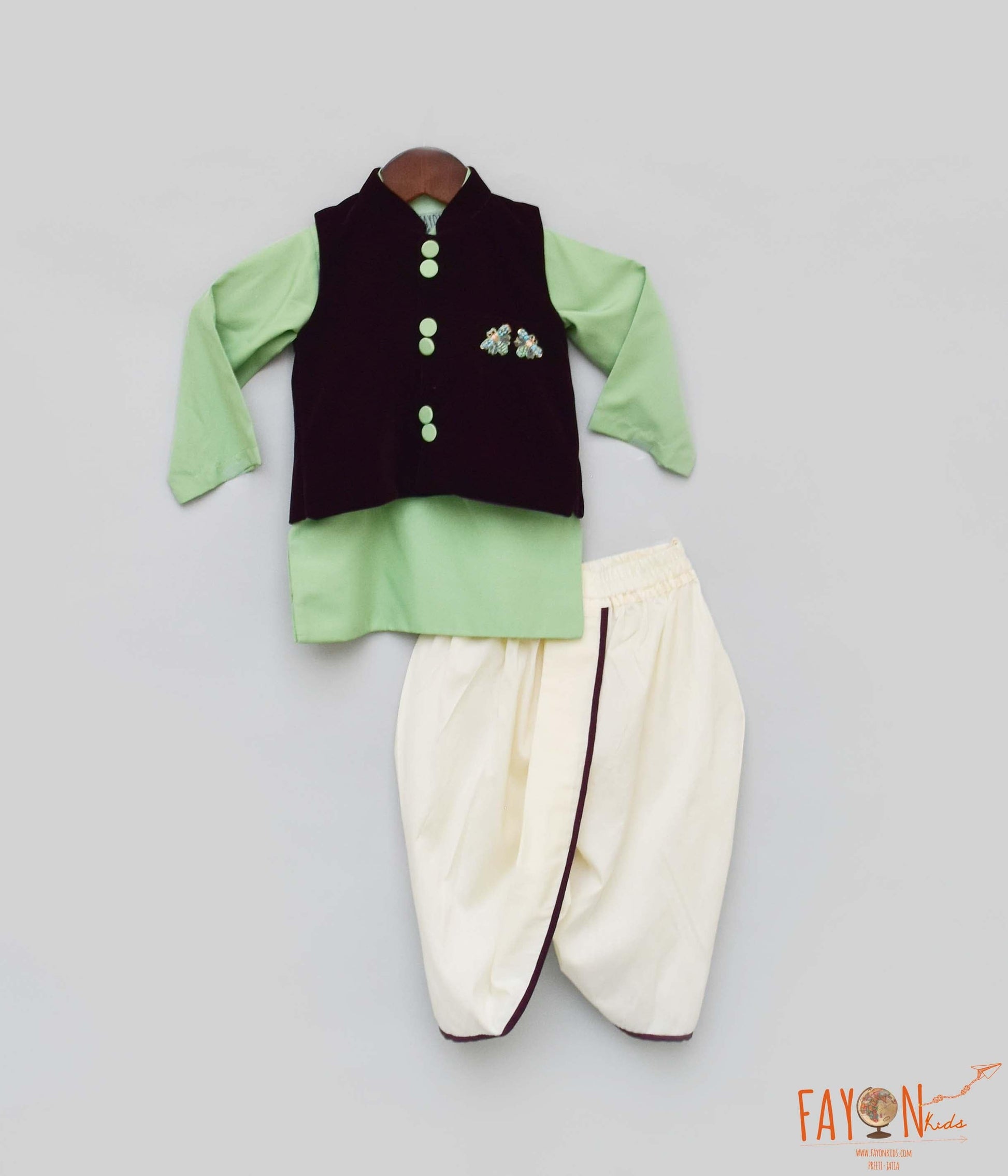 Velvet Nehru Jacket with Green Kurta Off-white Dhoti Sset for Boys