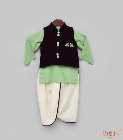 Fayon Kids Velvet Nehru Jacket with Green Kurta Off-white Dhoti Sset for Boys