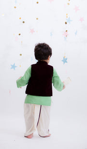 Velvet Nehru Jacket with Green Kurta Off-white Dhoti Sset for Boys