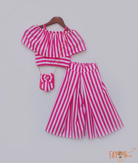 Fayon Kids White and Pink Striped Crop Top with Palazzo Pants for Girls