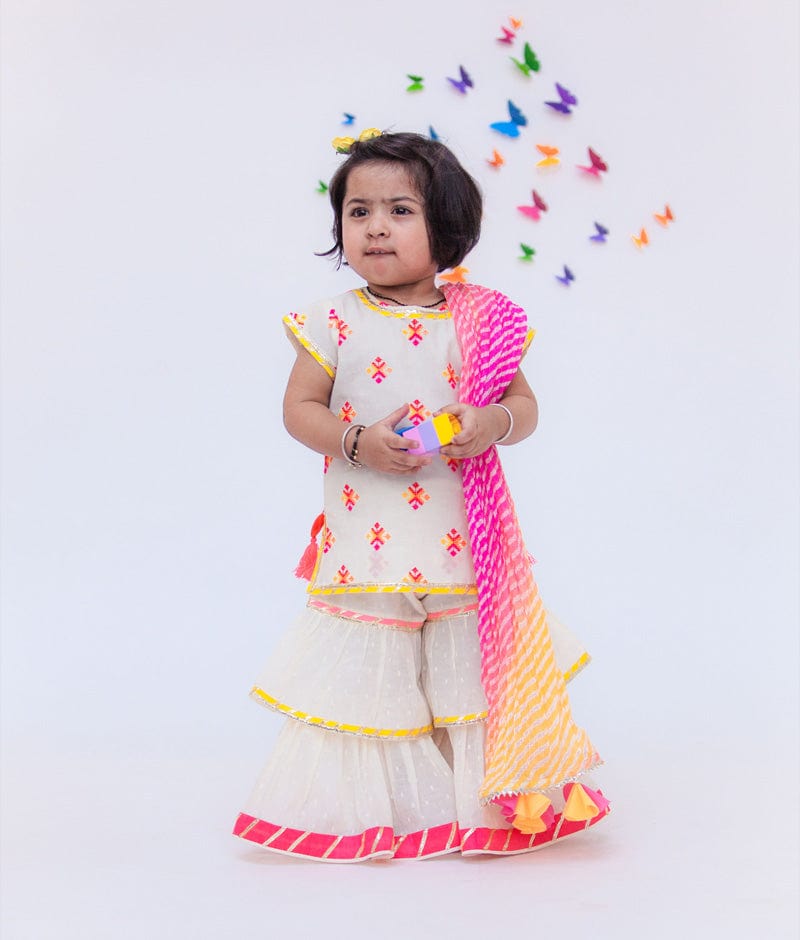 Fayon Kids White Cotton Multi Color Booti Sharara with Kurti Leheriya Dupatta for Girls
