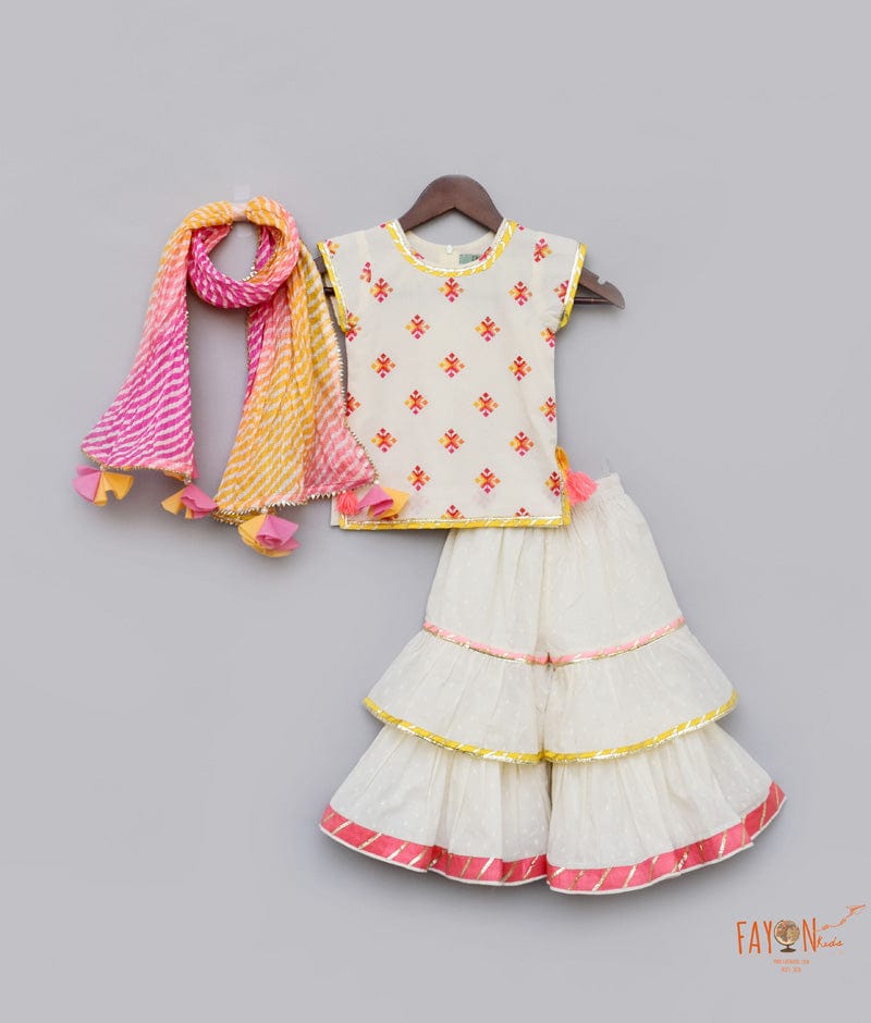 Fayon Kids White Cotton Multi Color Booti Sharara with Kurti Leheriya Dupatta for Girls