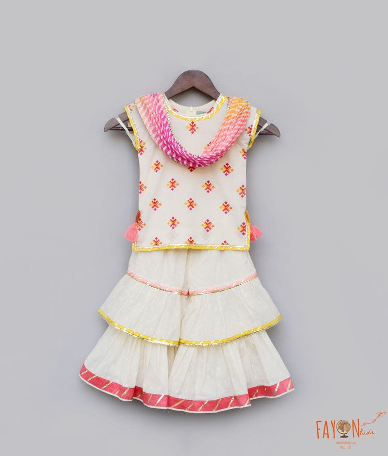 Fayon Kids White Cotton Multi Color Booti Sharara with Kurti Leheriya Dupatta for Girls