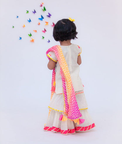 Fayon Kids White Cotton Multi Color Booti Sharara with Kurti Leheriya Dupatta for Girls