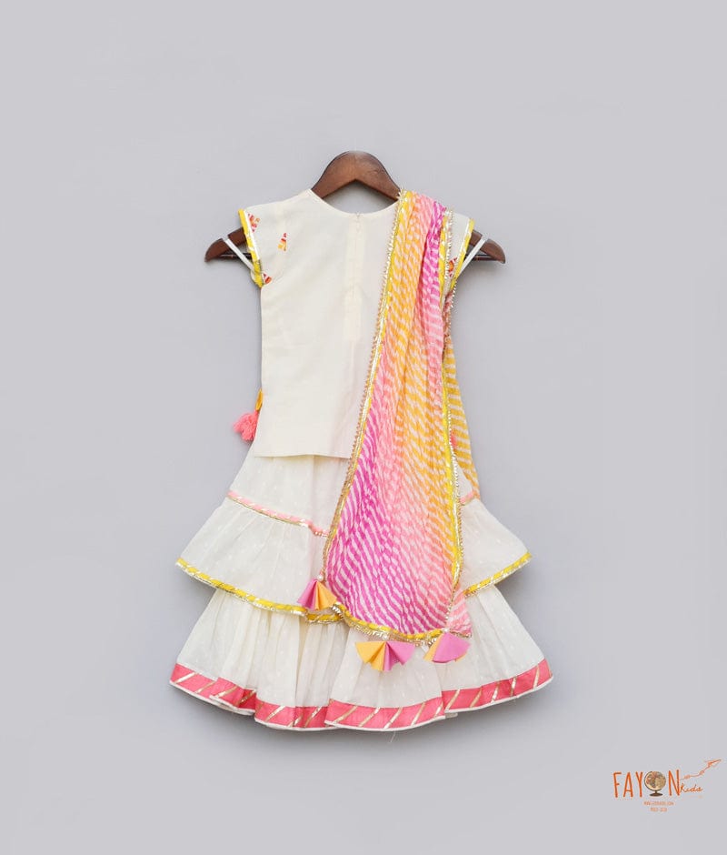 Fayon Kids White Cotton Multi Color Booti Sharara with Kurti Leheriya Dupatta for Girls