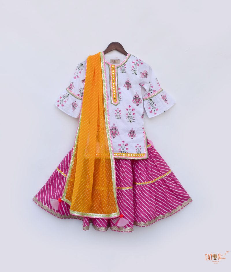 White Cotton Pink Printed Sharara with Kurti Dupatta for Girls