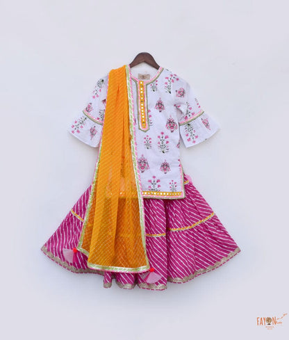 White Cotton Pink Printed Sharara with Kurti Dupatta for Girls