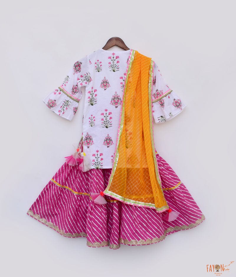 White Cotton Pink Printed Sharara with Kurti Dupatta for Girls