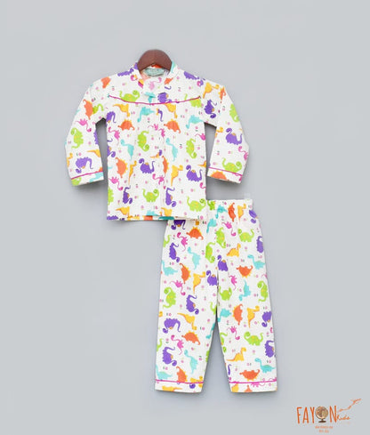 Fayon Kids White Dino Printed Shirt with Pajama for Girls