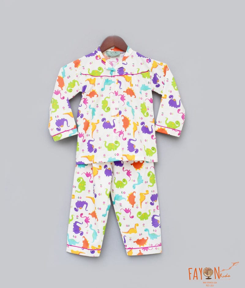 Fayon Kids White Dino Printed Shirt with Pajama for Girls