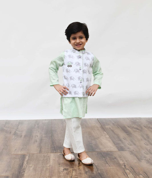 Fayon Kids White Elephant Print Nehru Jacket with Green Kurta Off White Pant for Boys