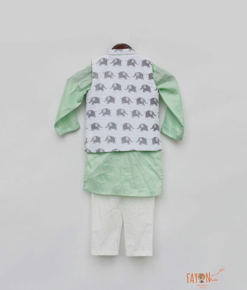 White Elephant Printed Jacket with Green Kurta Pant for Boys