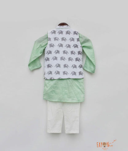 White Elephant Printed Jacket with Green Kurta Pant for Boys
