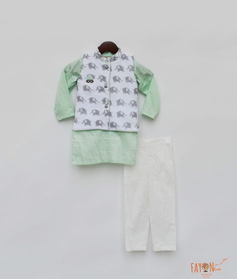 White Elephant Printed Jacket with Green Kurta Pant for Boys