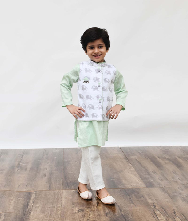 White Elephant Printed Jacket with Green Kurta Pant for Boys