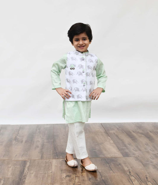 White Elephant Printed Jacket with Green Kurta Pant for Boys