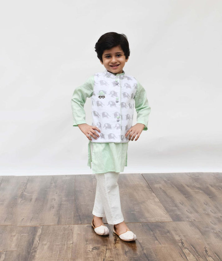 White Elephant Printed Jacket with Green Kurta Pant for Boys