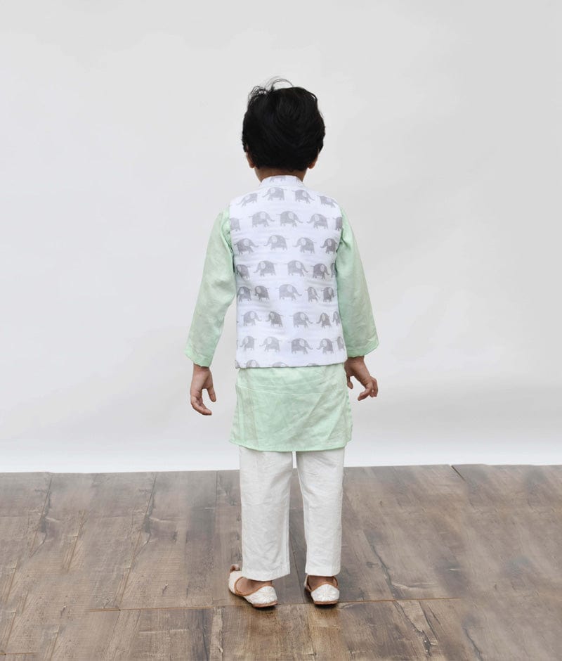 Fayon Kids White Elephant Printed Jacket with Green Kurta Pant for Boys