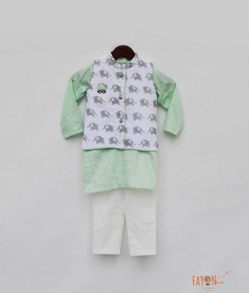 White Elephant Printed Jacket with Green Kurta Pant for Boys