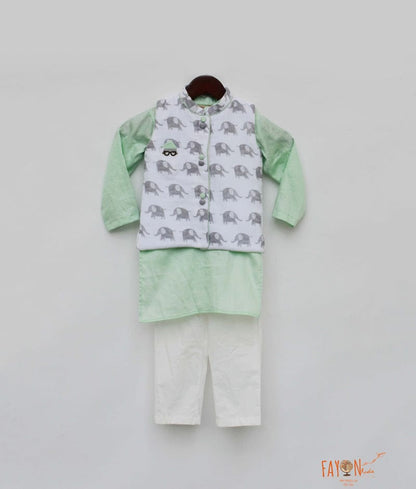 White Elephant Printed Jacket with Green Kurta Pant for Boys