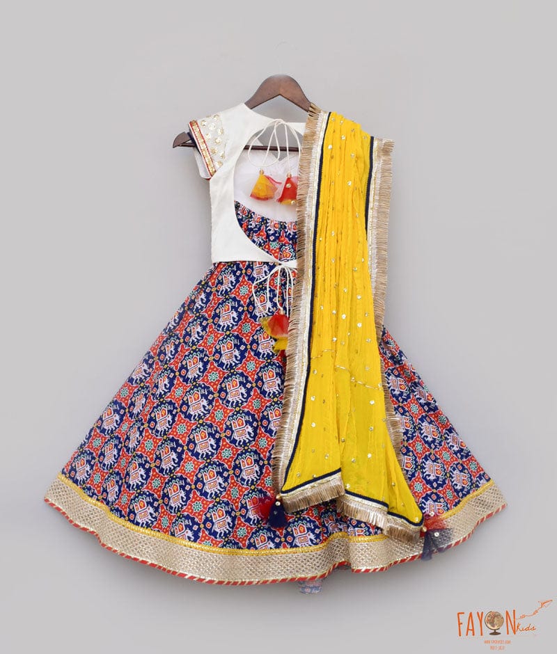 White Embroidery Blue Printed Lehenga with Choli Yellow Georgette Dupatta for Girls