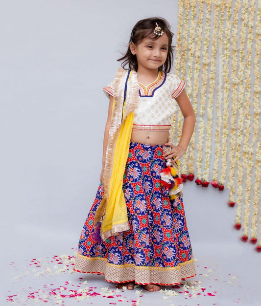 White Embroidery Blue Printed Lehenga with Choli Yellow Georgette Dupatta for Girls