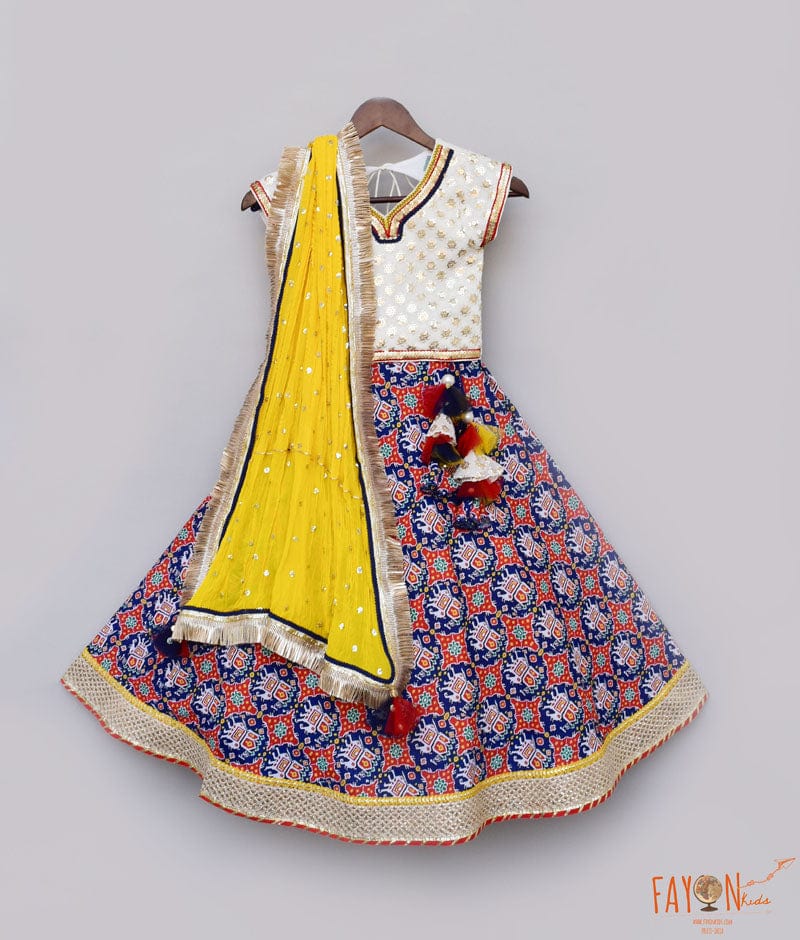 Fayon Kids White Embroidery Blue Printed Lehenga with Choli Yellow Georgette Dupatta for Girls