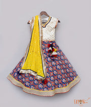 White Embroidery Blue Printed Lehenga with Choli Yellow Georgette Dupatta for Girls