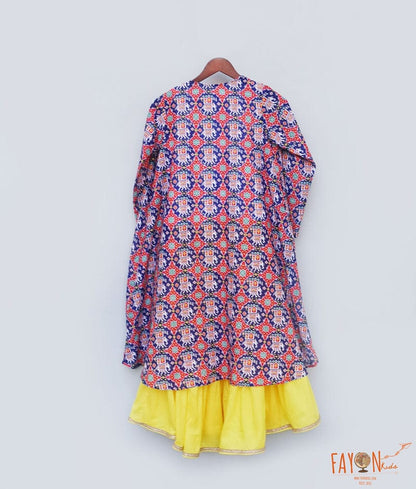 Fayon Kids White Embroidery Yellow Cotton Sharara with Top Patola Printe Long Shrug for Girls