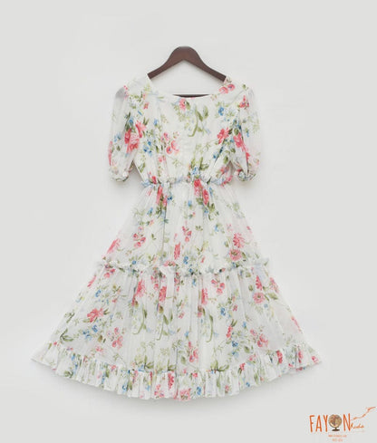 Fayon Kids White Floral Print Dress for Girls