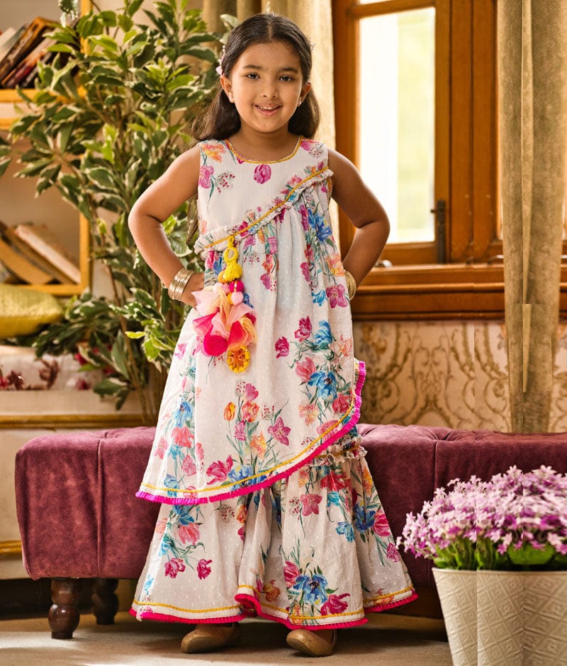 Fayon Kids White Floral Print Kurti Sharara for Girls