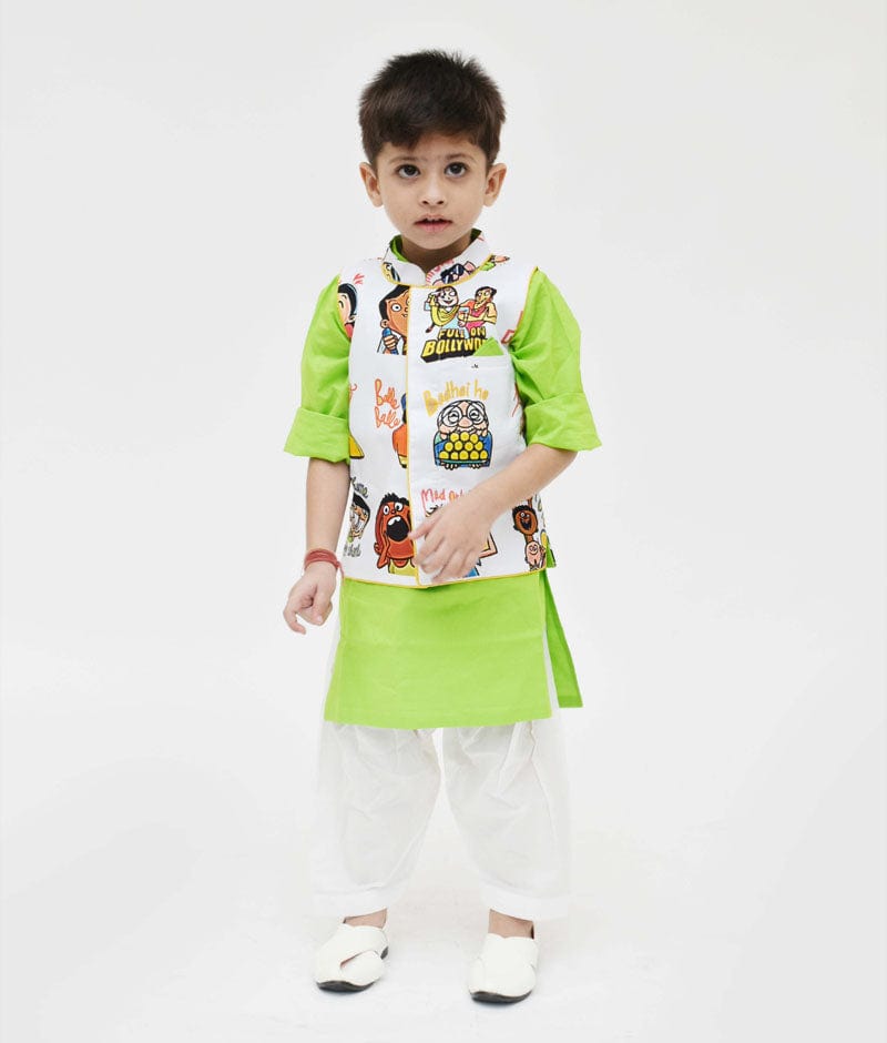 White Funky Print Nehru Jacket with Green Kurta Salwar for Boys