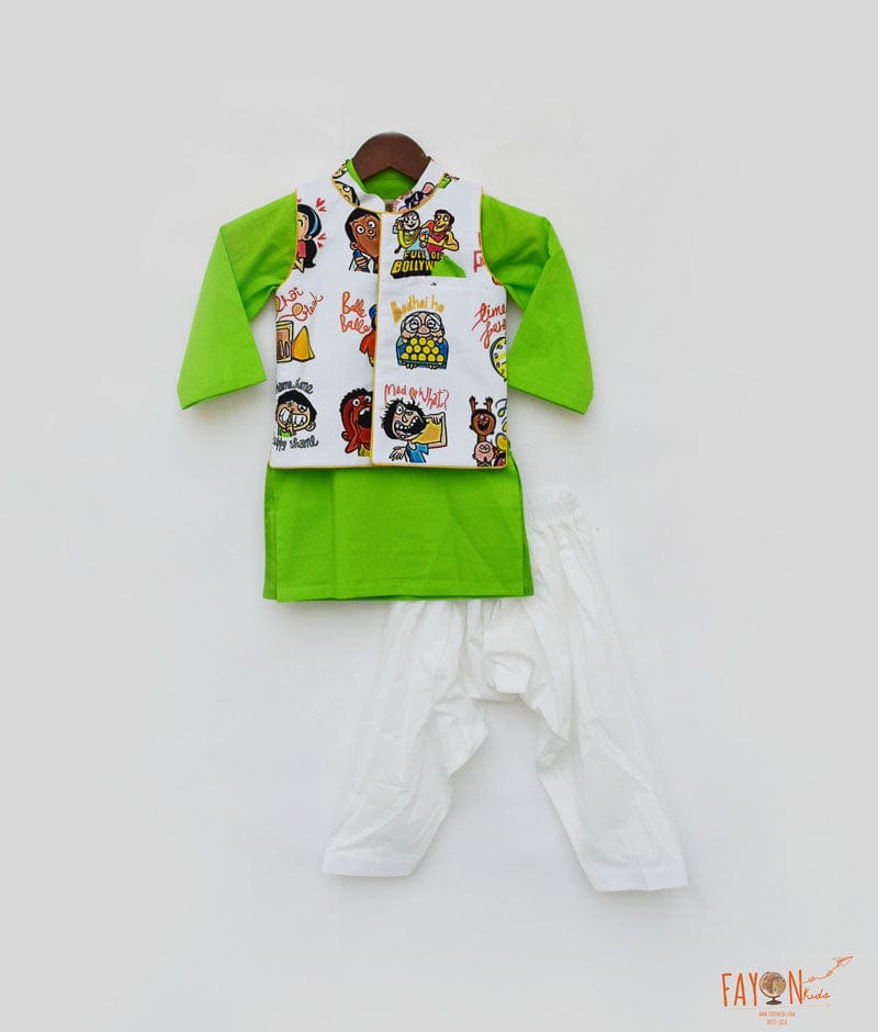 White Funky Print Nehru Jacket with Green Kurta Salwar for Boys