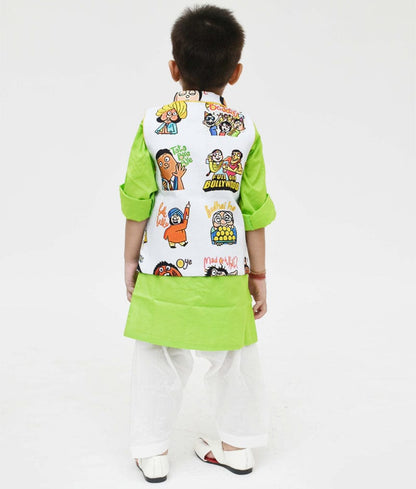 Fayon Kids White Funky Print Nehru Jacket with Green Kurta Salwar for Boys