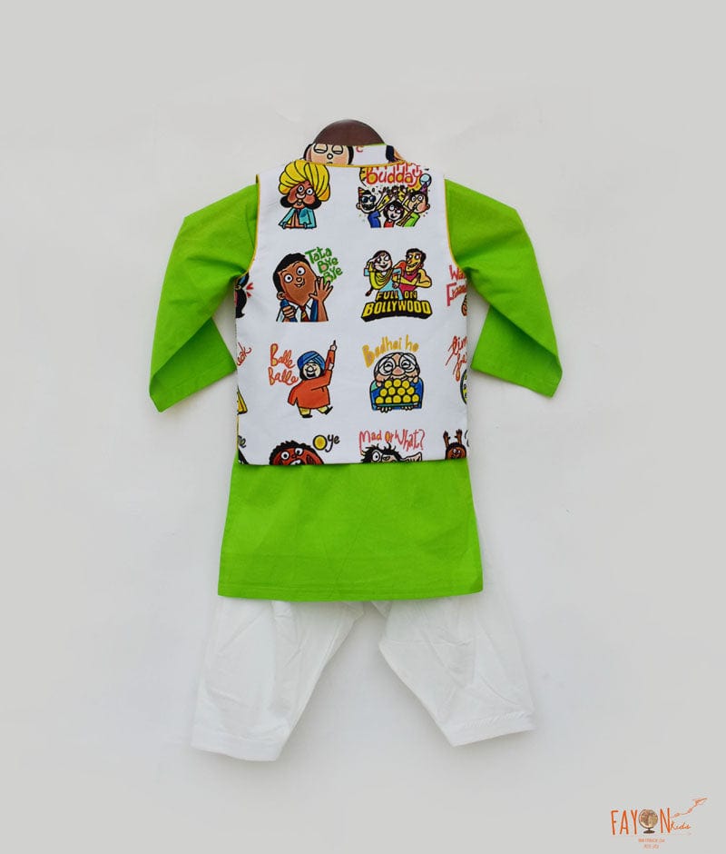 White Funky Print Nehru Jacket with Green Kurta Salwar for Boys