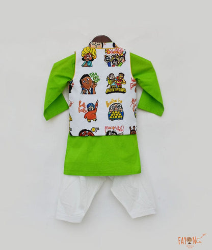 White Funky Print Nehru Jacket with Green Kurta Salwar for Boys