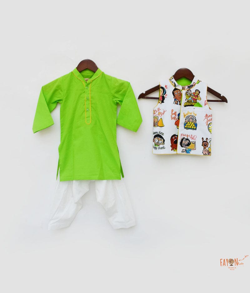 White Funky Print Nehru Jacket with Green Kurta Salwar for Boys