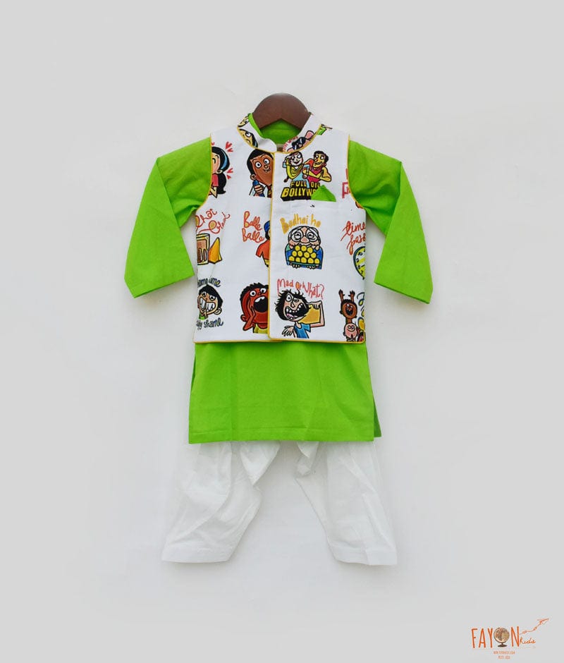 White Funky Print Nehru Jacket with Green Kurta Salwar for Boys