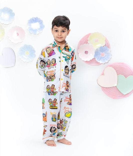 Fayon Kids White Funky Print Shirt with Pajama for Boys