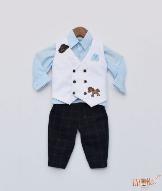 Fayon Kids White Horse Print Waist Coat with Blue Shirt Black Checkered Pants for Boys
