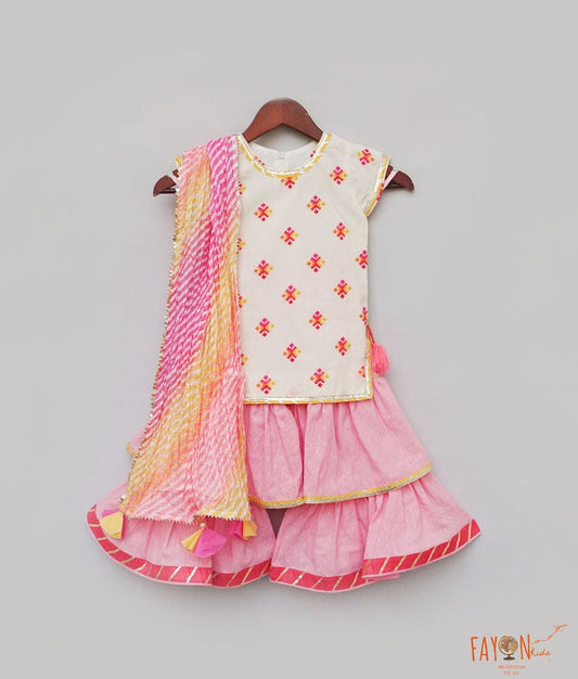 Fayon Kids White Multi Color Booti Pink Cotton Sharara with Kurti Lehriya Dupatta for Girls