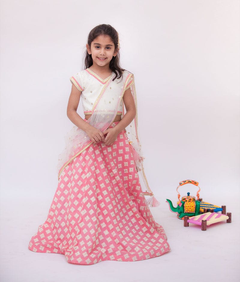 Fayon Kids White Peach Embroidery Lehenga with Choli Boti Net Dupatta for Girls