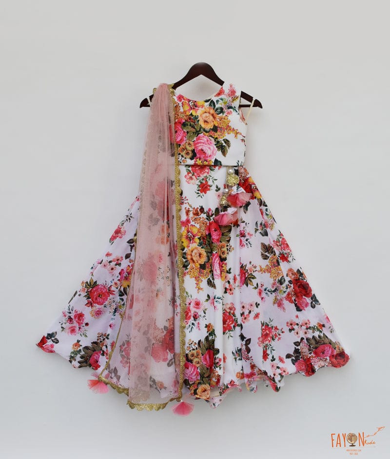 White Printed Lehenga with Choli Shimmer Net Dupatta for Girls