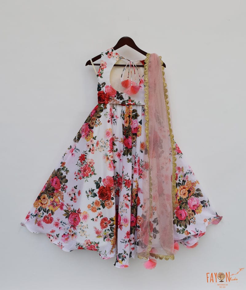 White Printed Lehenga with Choli Shimmer Net Dupatta for Girls