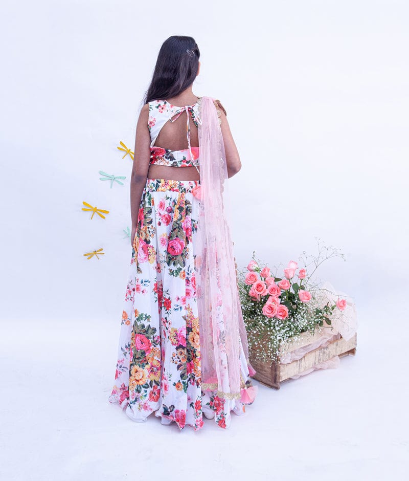 White Printed Lehenga with Choli Shimmer Net Dupatta for Girls