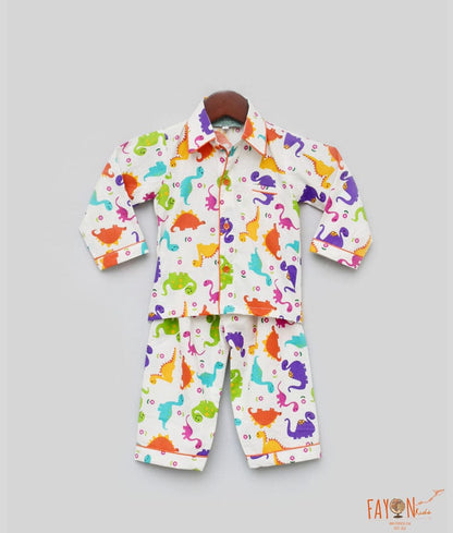 Fayon Kids White Printed Shirt with Pajama for Boys