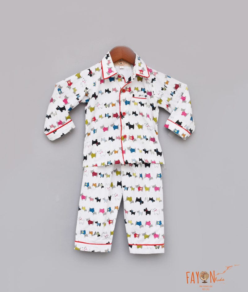 Fayon Kids White Puppy Printed Shirt and Pajama Night Suit Set for Boys