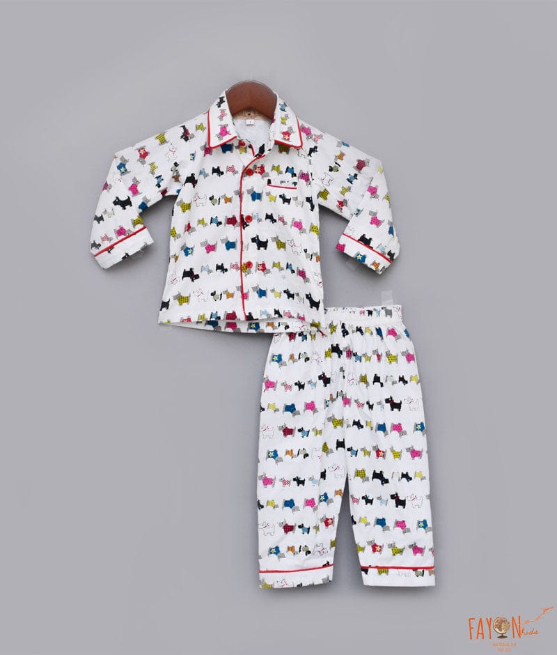 Fayon Kids White Puppy Printed Shirt and Pajama Night Suit Set for Boys