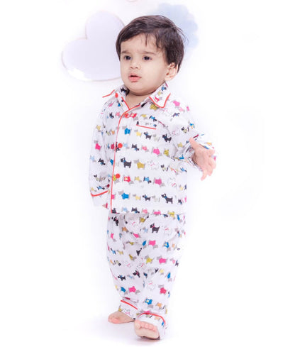 Fayon Kids White Puppy Printed Shirt and Pajama Night Suit Set for Boys