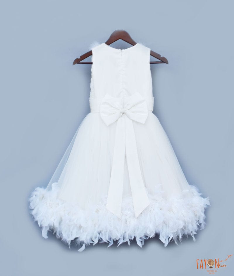 Fayon Kids White Ribbon work Frock with Feathers for Girls